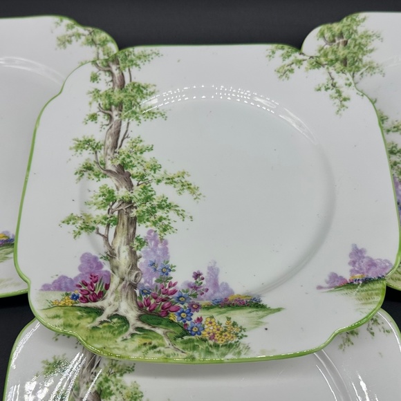 Royal Albert Greenwood Tree 6.75" Square Dessert Plates(4) Green trim - Picture 2 of 4